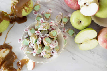 Taffy Town caramel apple salt water taffy candy featuring green apple center and whipped caramel flavor